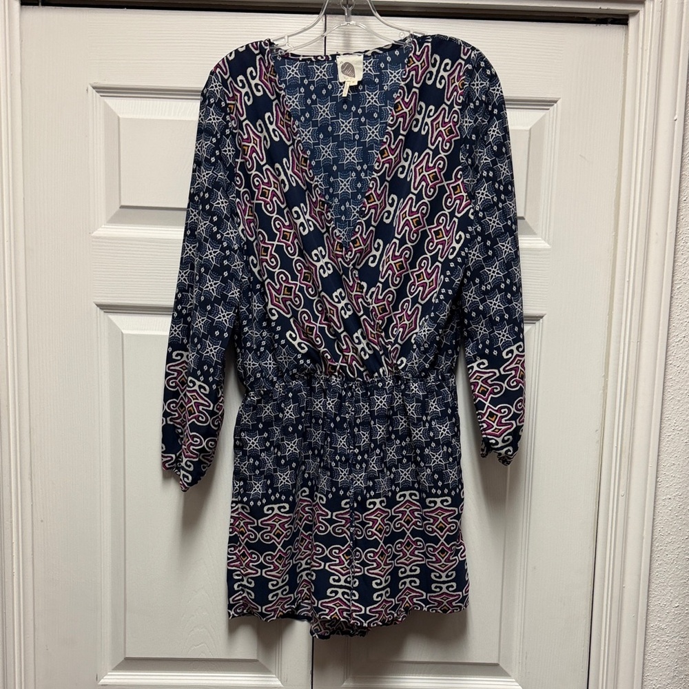 Anthropologie Lilka Romper Tie Waist M V Neck Geometric Long Sleeves Boho T100oo